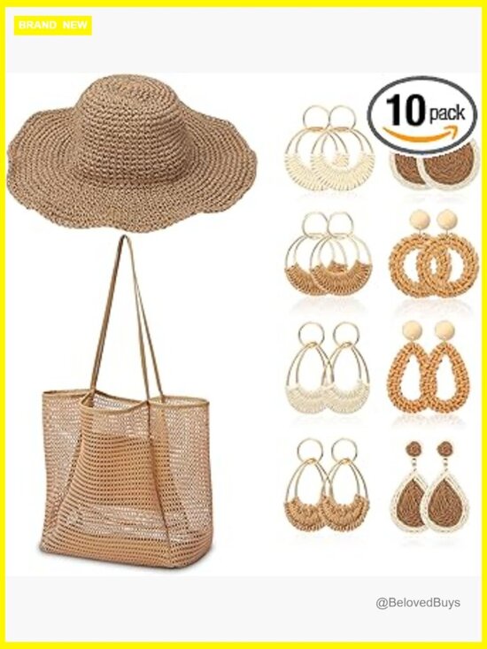10pc Mesh Beach Tote & Straw Hat Set, Foldable Hat, Rattan Earrings for Travel main image 7